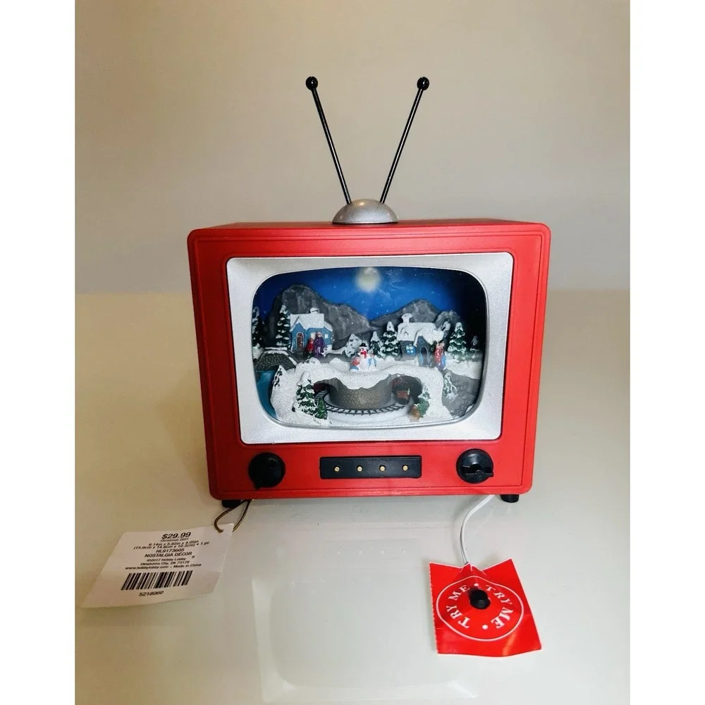 Vintage Christmas Decor Red  TV Music Box with Animated
